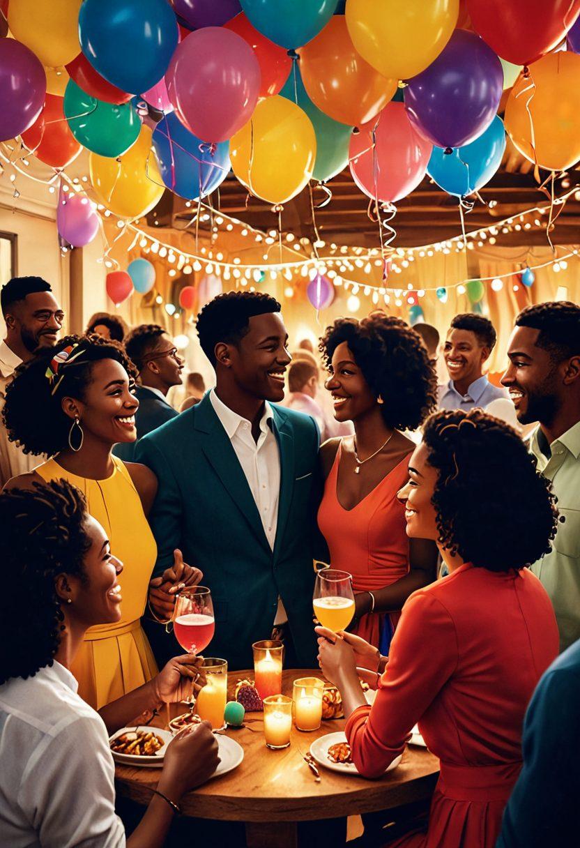 A couple exchanging a warm glance at a vibrant party setting, surrounded by silhouettes of diverse couples communicating openly, with colorful decorations that hint at a playful and adventurous atmosphere. Incorporate elements like cocktails and laughter to emphasize fun and connection. The scene should evoke a sense of freedom and exploration, highlighting the essence of partner exchange. super-realistic. vibrant colors. warm lighting.