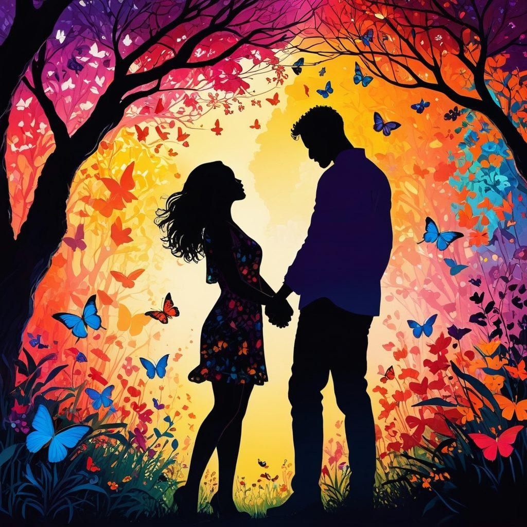 A vibrant, abstract representation of intertwined relationships symbolizing sexual freedom, featuring silhouettes of diverse couples and friends joyfully embracing each other in a colorful garden setting. Flashes of light and butterflies symbolize adventure and liberation in love. Bold colors reflecting openness and diversity in non-monogamous connections. super-realistic. vibrant colors. peaceful background.