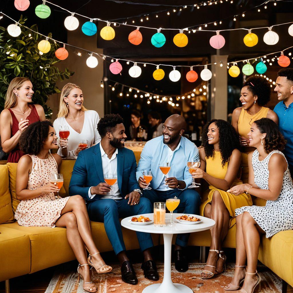 A vibrant collage depicting diverse couples engaging in open, joyful interactions at a stylish, modern party. Include elements of humor and consent, such as colorful cocktails, playful body language, and open expressions. Emphasize connection and communication with speech bubbles sharing positive affirmations. The background should have a warm ambiance with string lights and plush seating. Trendy illustrative style. vibrant colors. modern art.